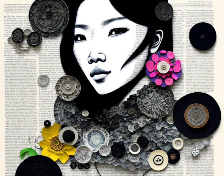 Stylized woman's portrait with decorative buttons and circular patterns on newspaper background