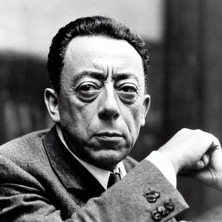 Middle-aged man in suit and tie with solemn expression in black and white photo