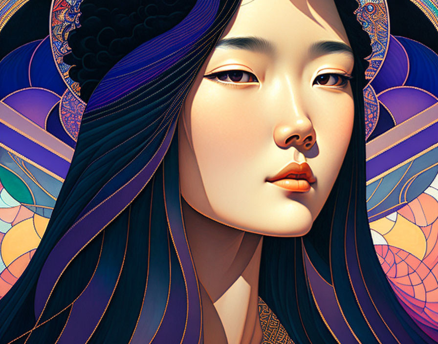 Detailed Illustration of Woman with Vibrant Hair Ornaments