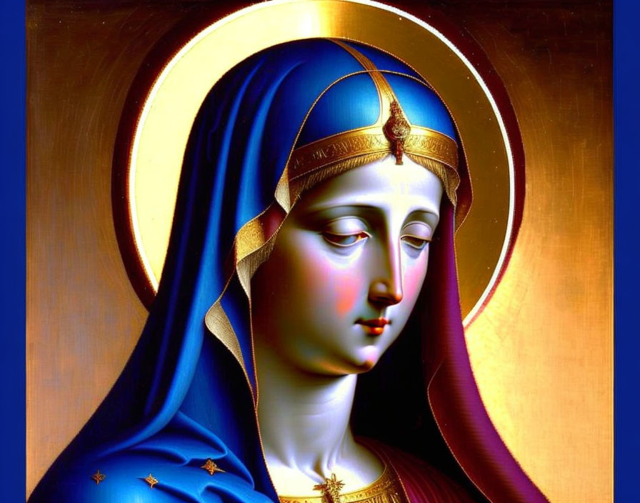 Vivid Portrait of Virgin Mary with Gold Halo and Crown