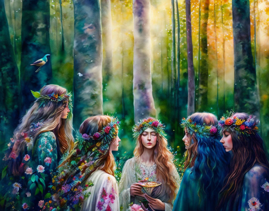 Women in floral garlands in vibrant forest with bird and sunbeams