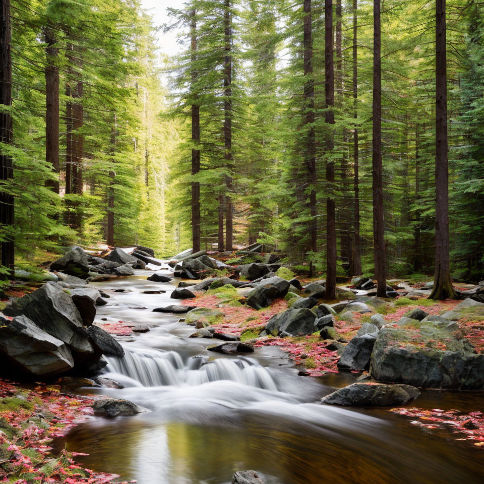 Tranquil forest landscape with cascading stream and autumn foliage