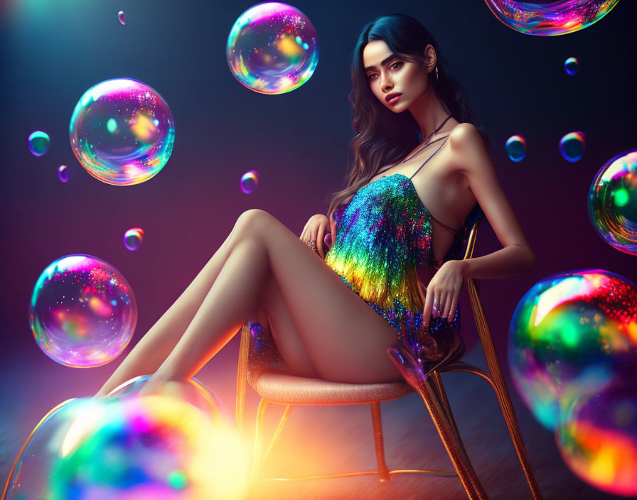 Woman in Glittery Dress Surrounded by Soap Bubbles on Chair