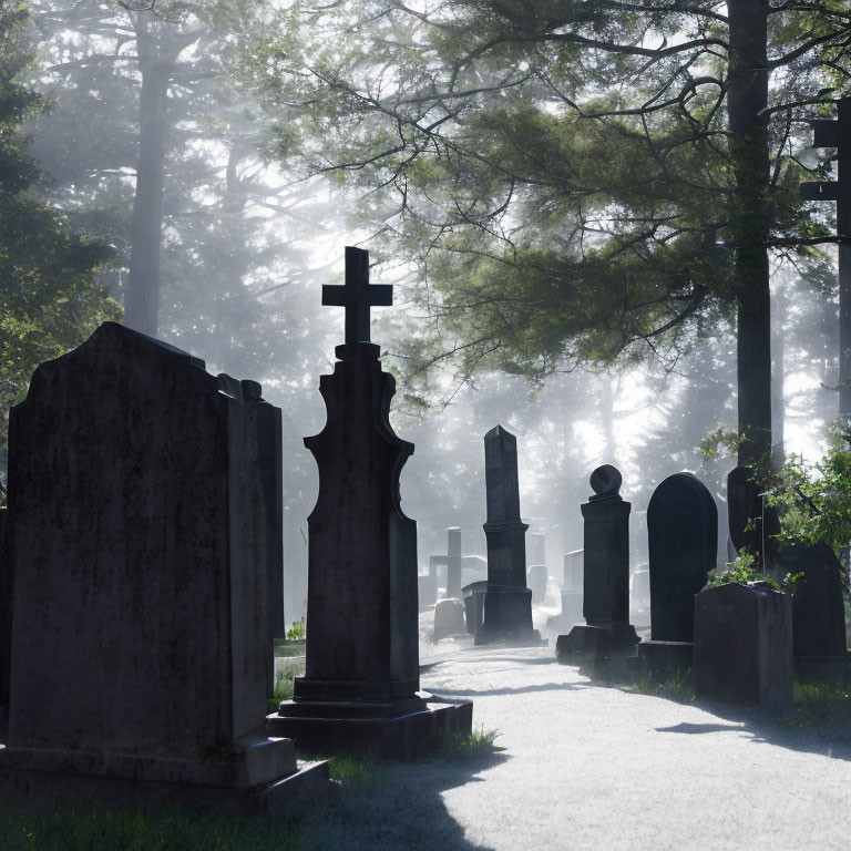 Foggy cemetery scene with tombstones, cross, and trees in sunlight