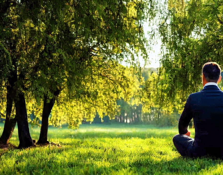 Businessman in Suit Relaxing on Green Grass in Sunny Park