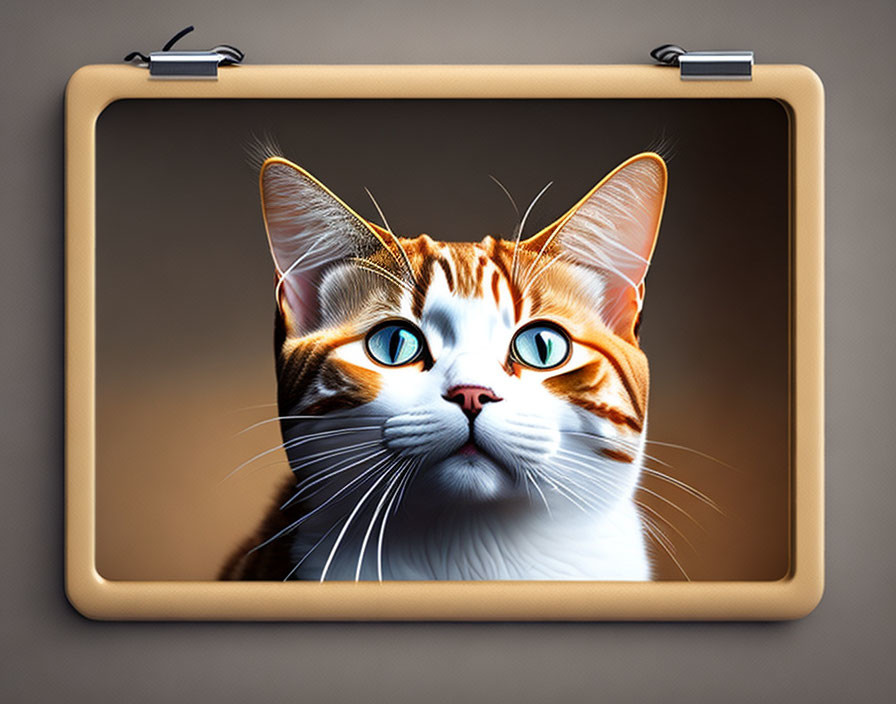 Stylized orange and white cat illustration on clipboard with blue eyes