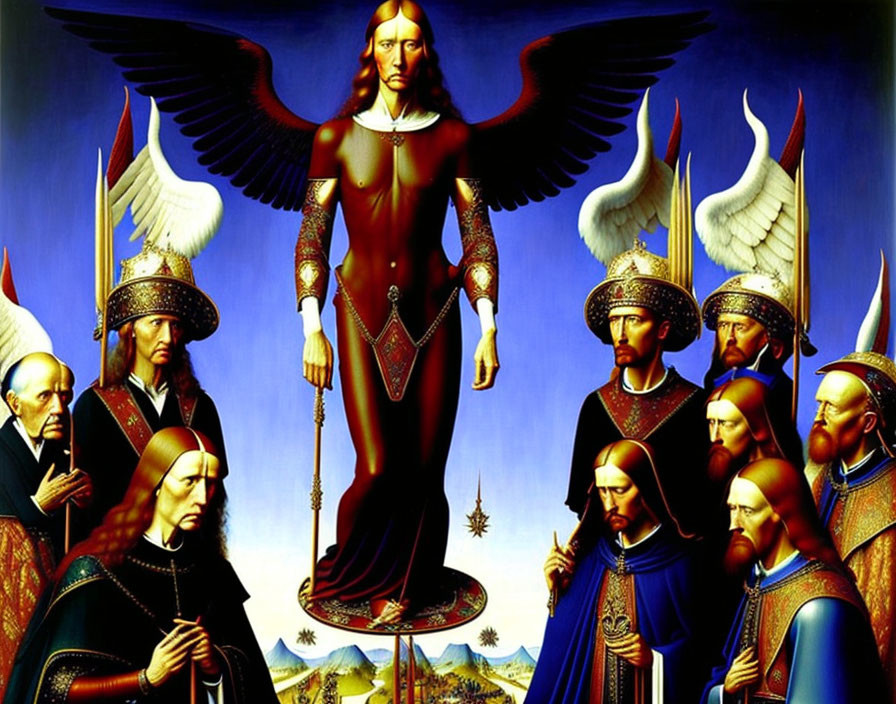 Winged figure with scepter surrounded by robed individuals on blue background.