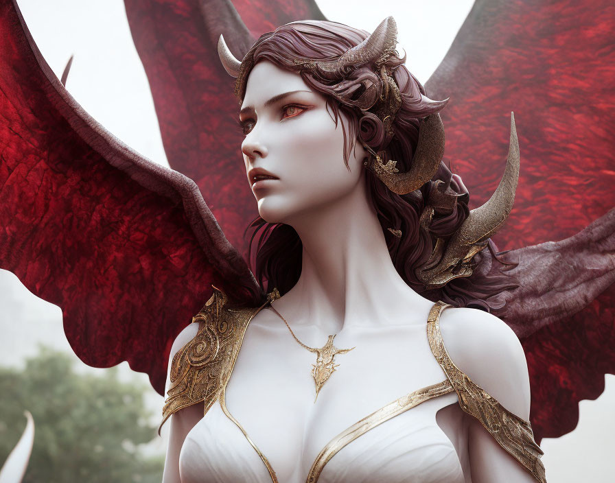 Fantastical Female Character with Horns, Pointed Ears, and Red Wings