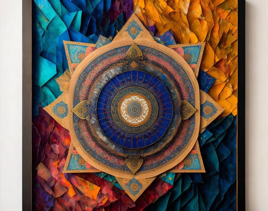 Colorful Mandala Surrounded by Paper Leaves in Dark Frame