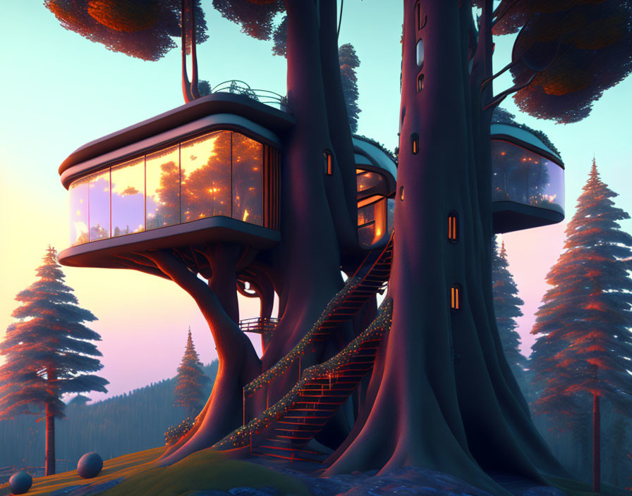 Modern treehouse with large glass windows, spiral staircase, and glowing lights in forest sunset.