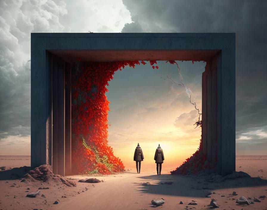 Surreal doorway with red ivy-covered wall in desolate landscape