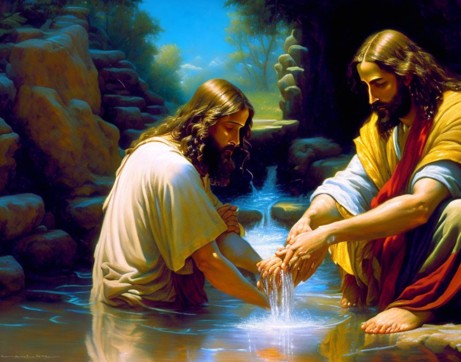 Two individuals in serene natural setting, one kneeling by stream as other washes feet.