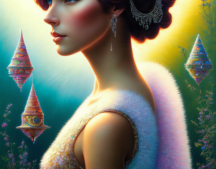 Intricate Earrings and Bejeweled Headdress on Woman in Twilight Setting