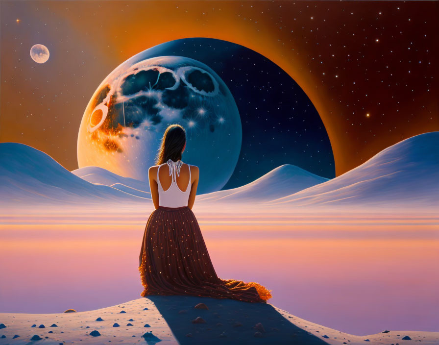 Woman in long dress gazes at surreal oversized moon in cosmic desert scene