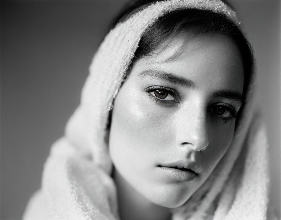 Monochrome portrait with hooded figure, intense gaze, and detailed facial expression