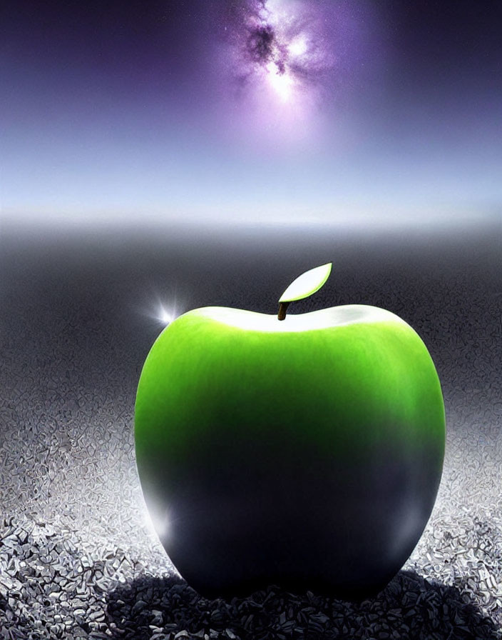 Shiny green apple with leaf on gravel, purple starry sky background