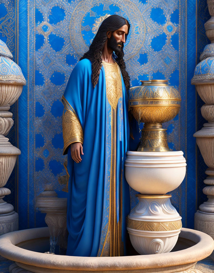 Man in Blue and Gold Robe by Ornate Fountain