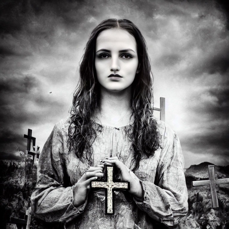 Woman holding cross under stormy skies with crosses in background