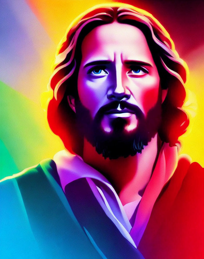 Vibrant rainbow-colored digital portrait of a bearded man with long hair