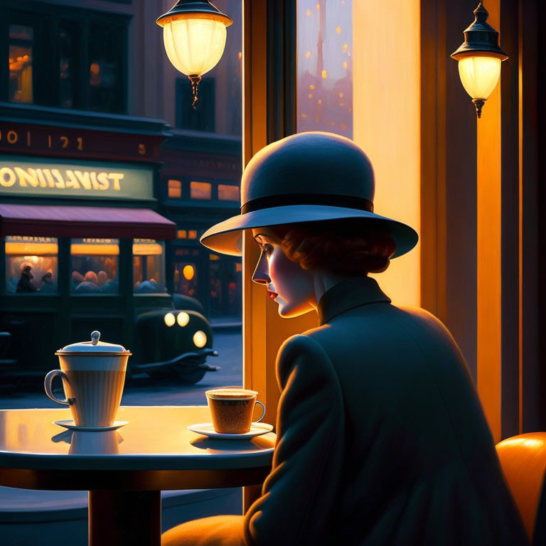 Stylish woman in hat at café table with coffee cup, evening ambiance.