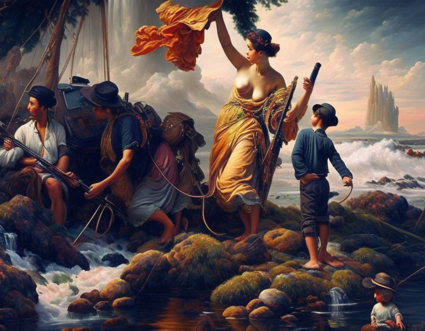 Classical painting of woman leading travelers through rocky stream