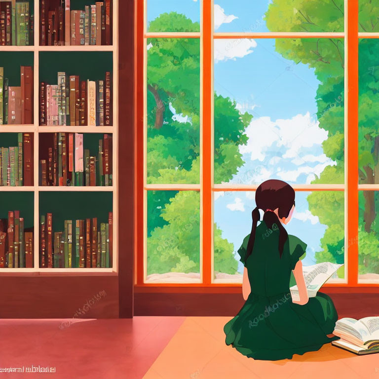 Person in Green Dress Reading Book by Bookshelf and Window View