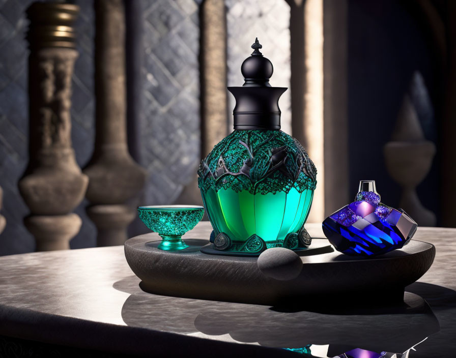Green and blue perfume bottles with glass on stone tray by arched window