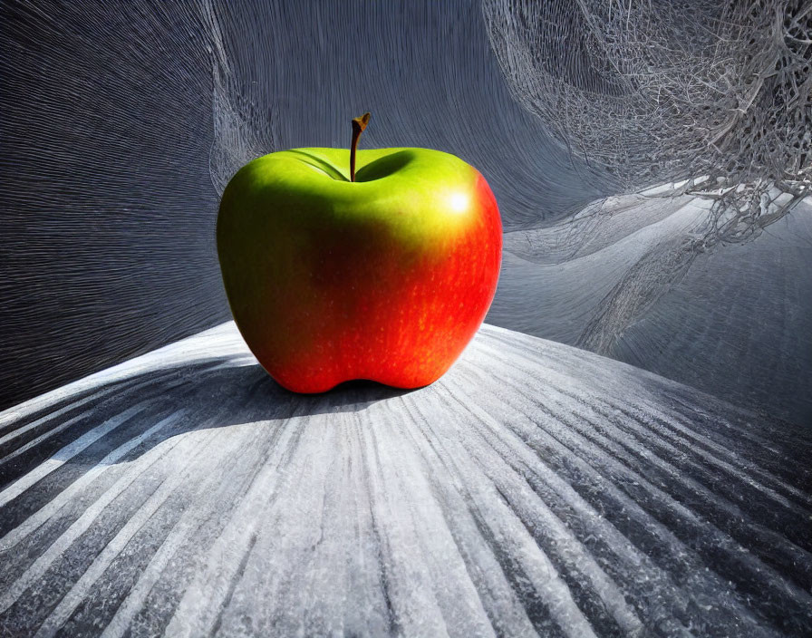 Vibrant red and green apple on textured white surface with gray patterns