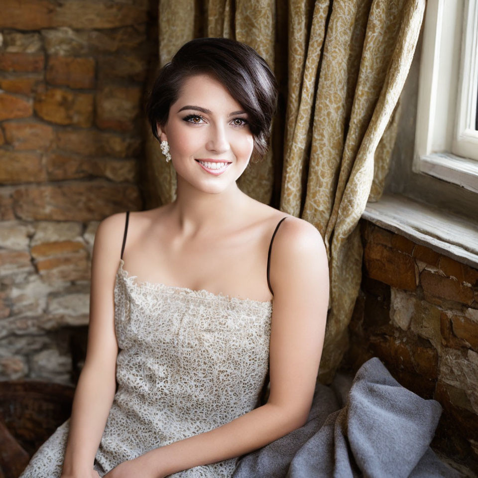 Smiling woman in lace dress sitting by window