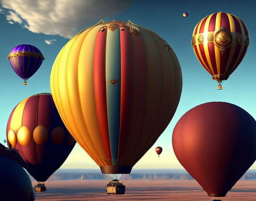 Vibrant hot air balloons over desert landscape at sunset