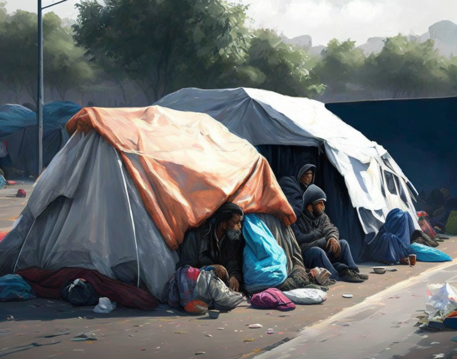 Three people near tent on street, surrounded by belongings and waste under overcast sky