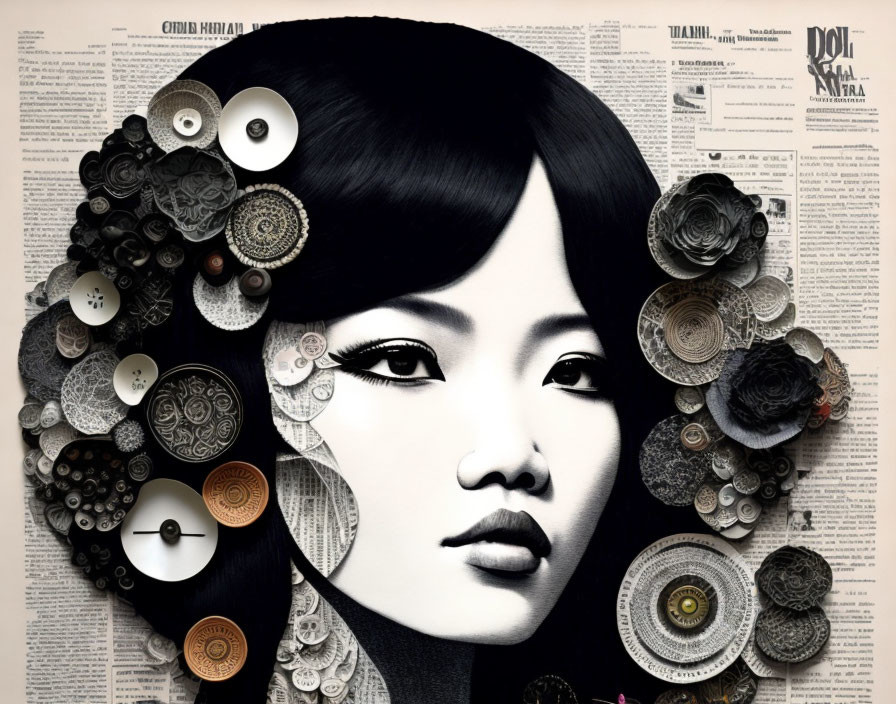 Monochromatic portrait of a woman with floral patterns and buttons on her hair against newspaper clippings