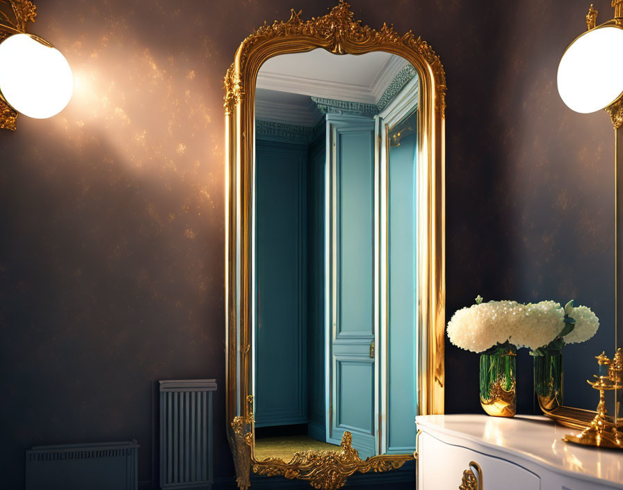 Luxurious Room with Large Ornate Golden Mirror and White Dresser