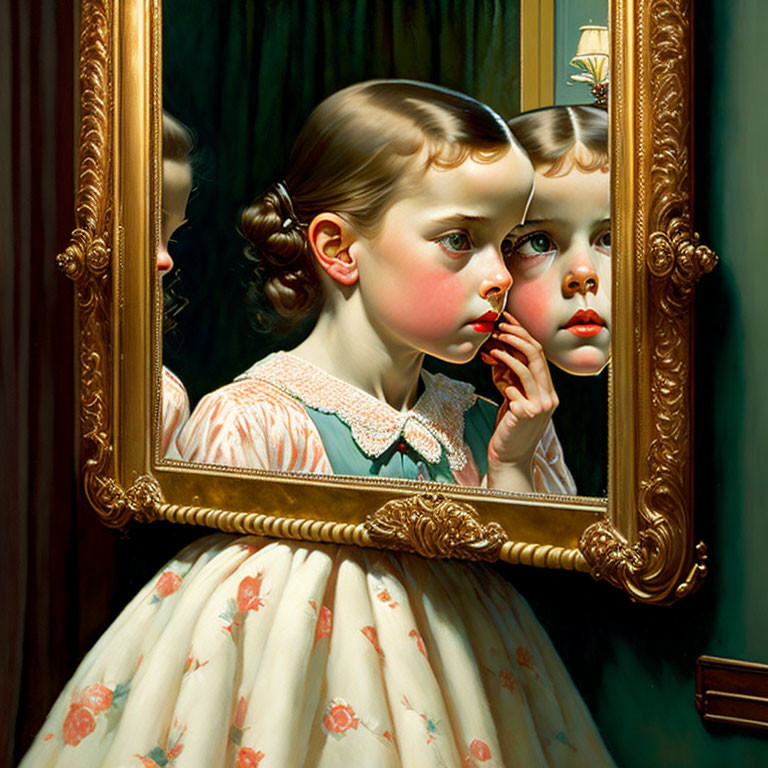 Young girl in vintage dress gazes at reflection in ornate mirror, finger on lips