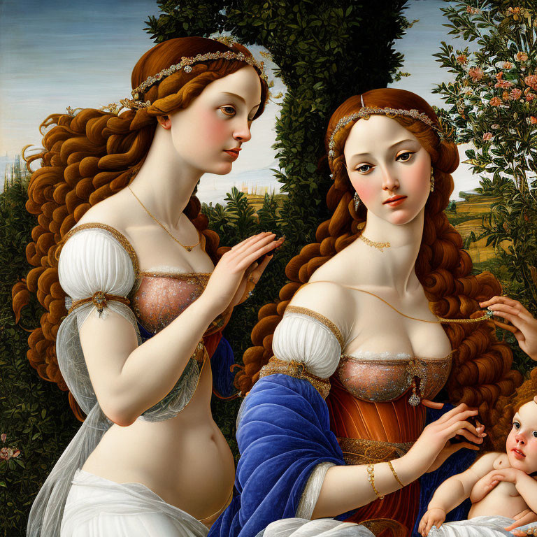 Two Women in Renaissance Attire with Elaborate Hairstyles and Baby in Realistic Detail Amidst