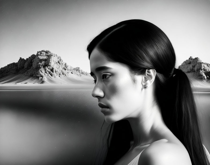 Monochrome portrait of pensive woman against desert backdrop