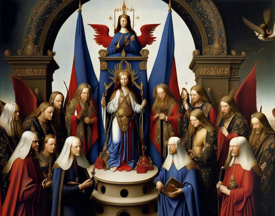 Religious painting with angelic and figures in red and white attire under French flags