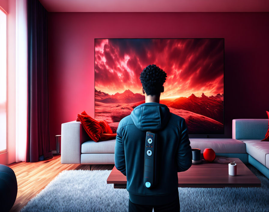 Person watching vivid sunset landscape on large TV in modern living room