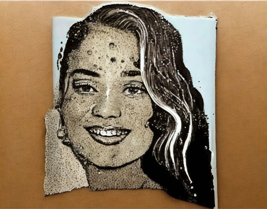 Monochrome dotted shading portrait of a smiling woman on torn paper in orange background