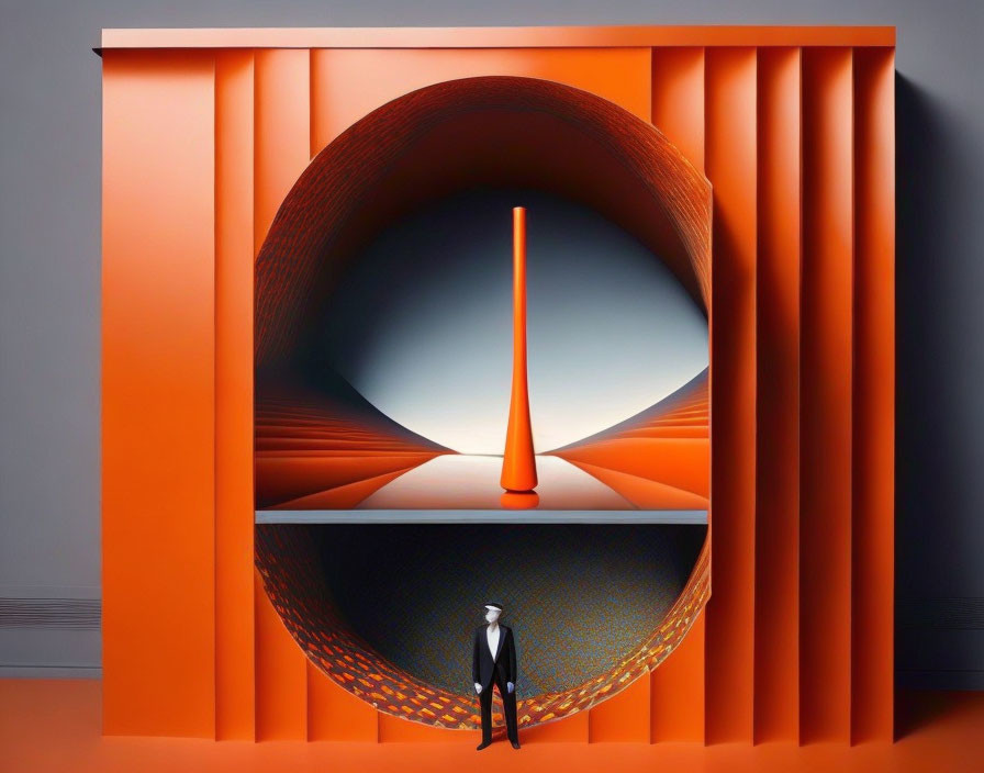 Man in suit observing abstract large-scale art installation with orange geometric patterns