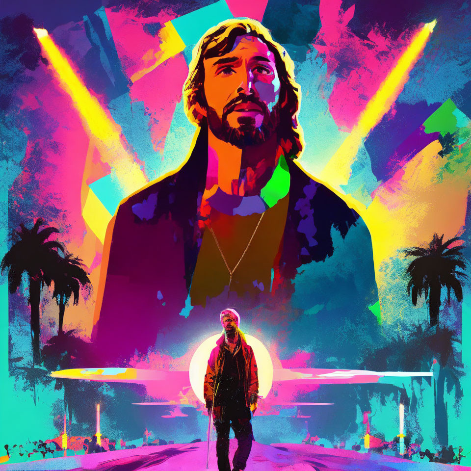 Man with Long Hair and Beard in Neon Tropical Digital Art