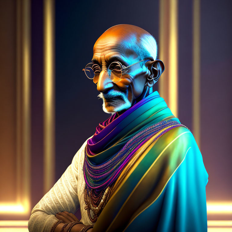 Vividly colored illustration of a man resembling Mahatma Gandhi with round spectacles and contemplative