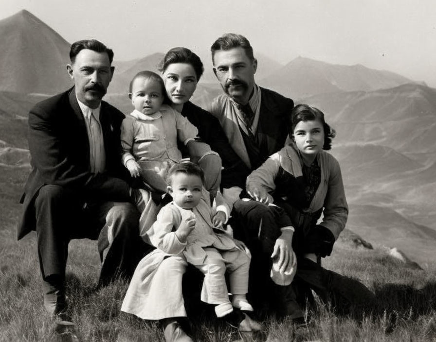 Vintage Black and White Family Photo with Mountains Background