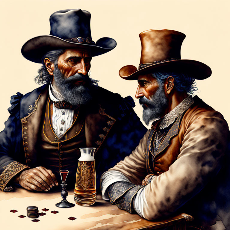 Illustrated cowboys in period attire playing cards at a table