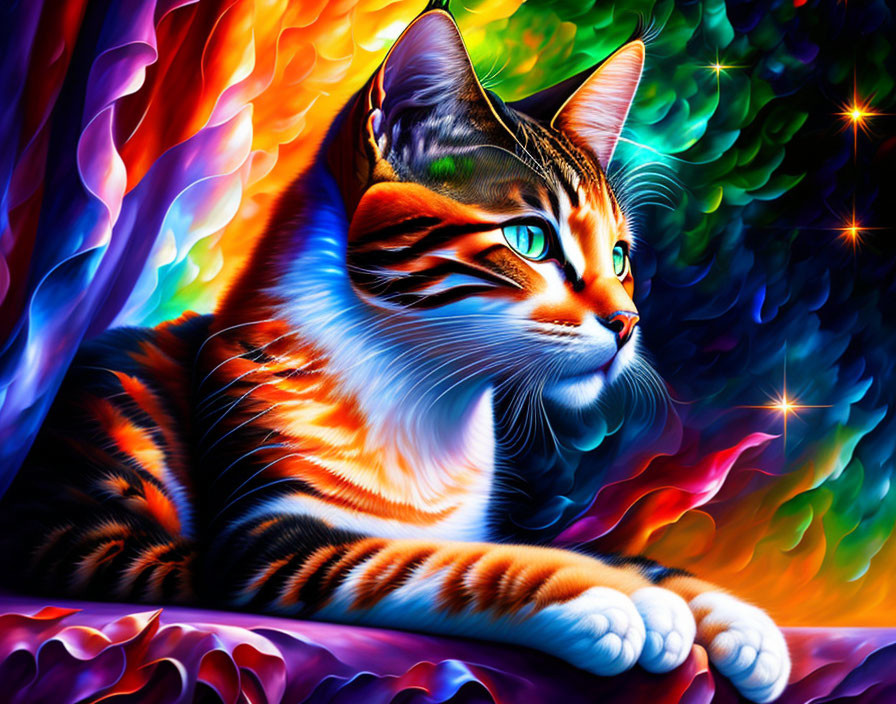 Colorful Digital Art: Cat with Rainbow Elements and Starry Background