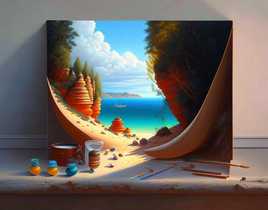 Tranquil beach scene merging with artist's workspace in painting