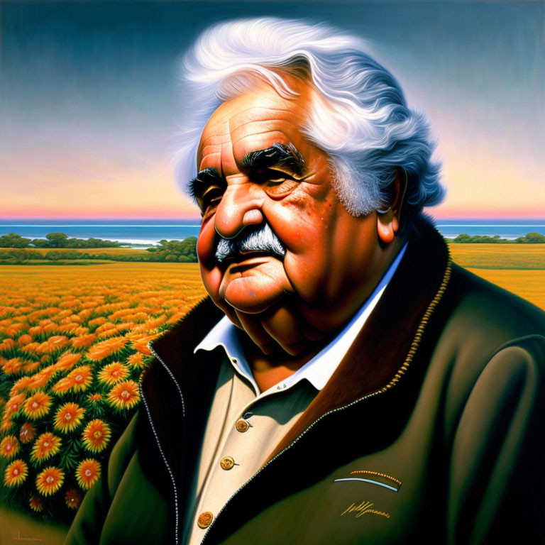 Elderly man with white hair and mustache in front of sunflowers and blue sky