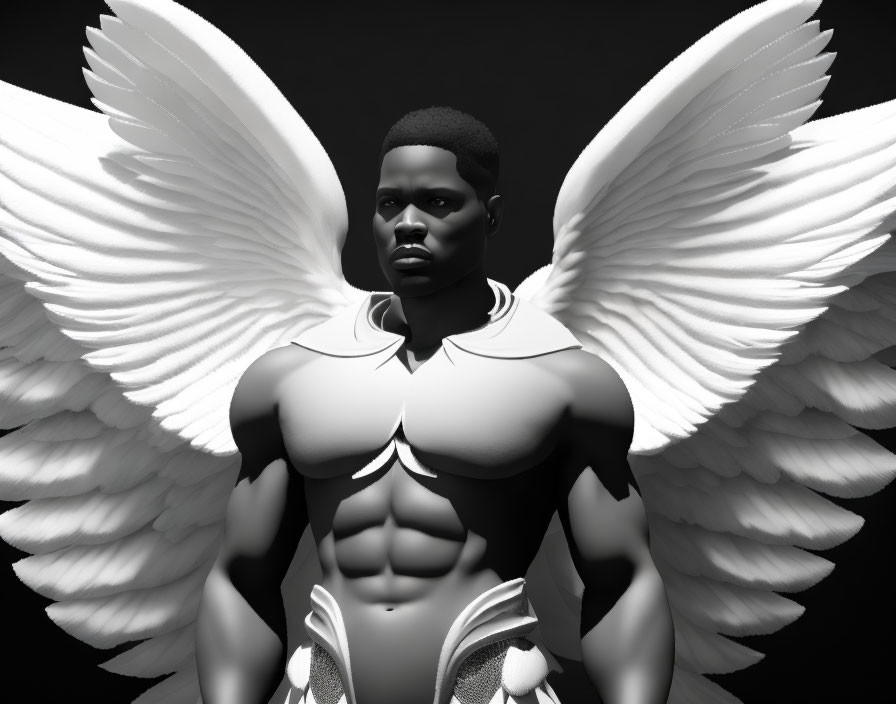 Monochrome statue of athletic angel with open wings