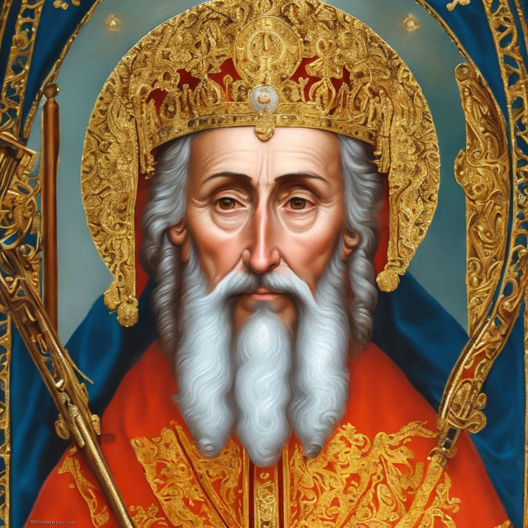 Detailed Portrait of Bearded Figure in Ecclesiastical Attire with Golden Crown