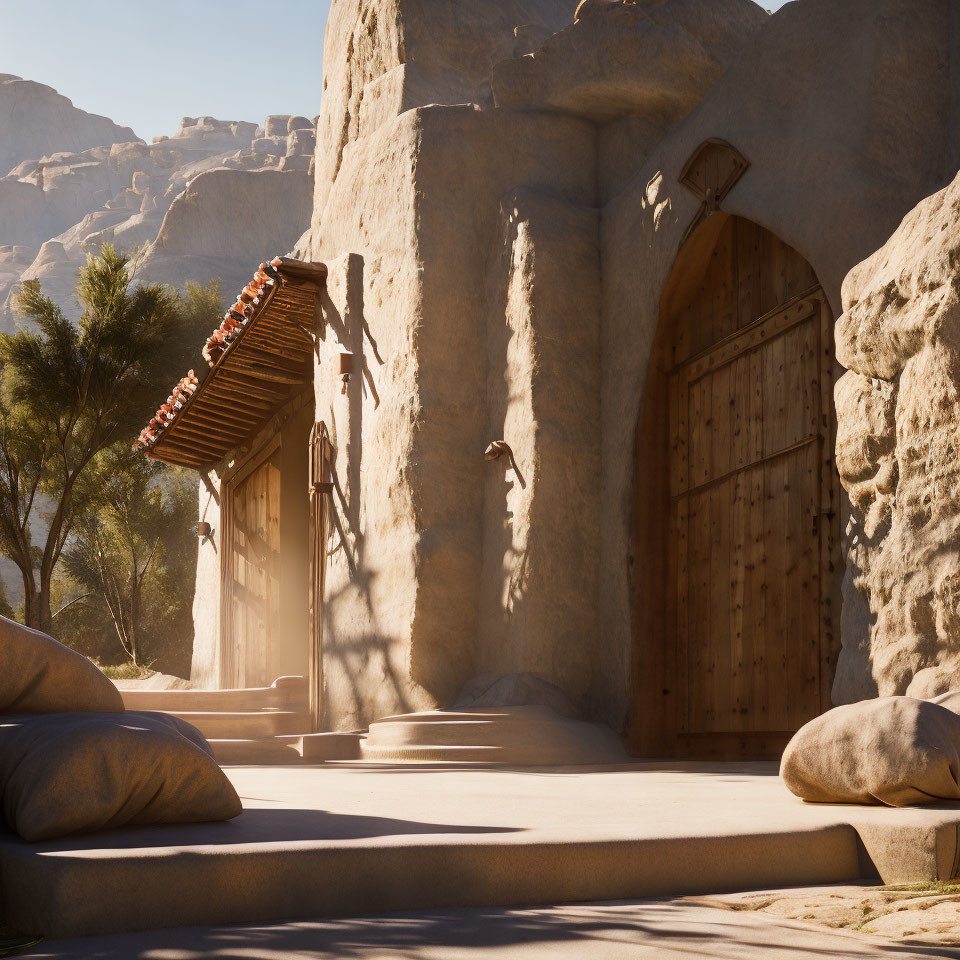 Desert sandstone structures with wooden door and shutters in sunny landscape